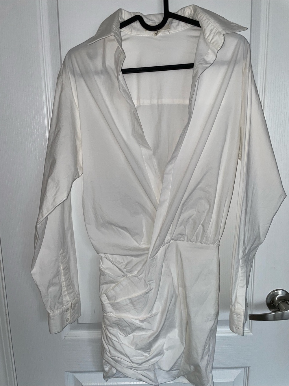 Mable Front Ruched Mini Shirt Dress in White, Cotton